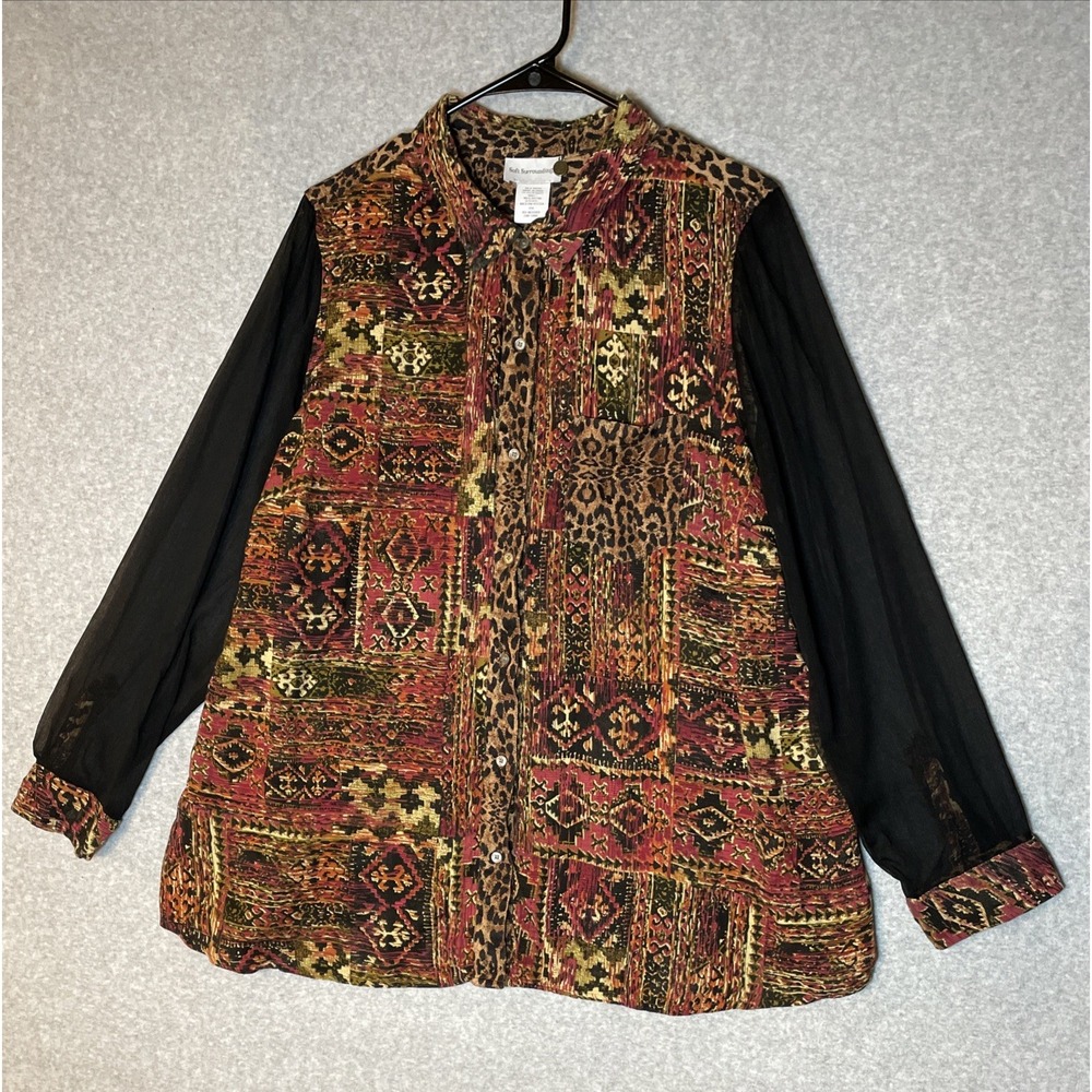 Soft Surroundings Blouse Womens 2X Abstract Print Sheer‎ Chiffon Sleeves Rayon